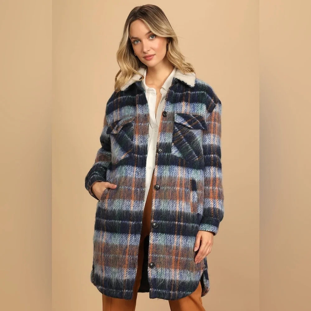 NWT Blank NYC Plain Sailing Blue Multi Plaid Brushed Long Shacket Sz M